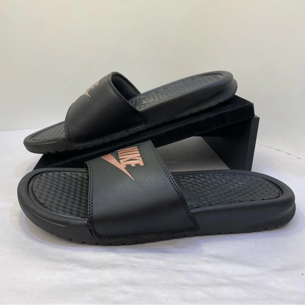 Nike Benassi JDI Slide Sandals Black Rose Gold Logo US 6 Comfort Slides
